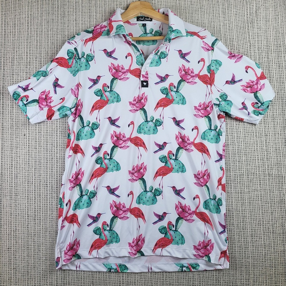 Bad‎ Birdie Polo Shirt Mens Medium White Flamingo Cactus Hummingbird Golf M